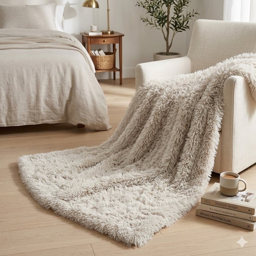 Pottery Barn Faux Fur Alpaca Throw Blanket Oatmeal Beige 50x60 Shaggy Cozy